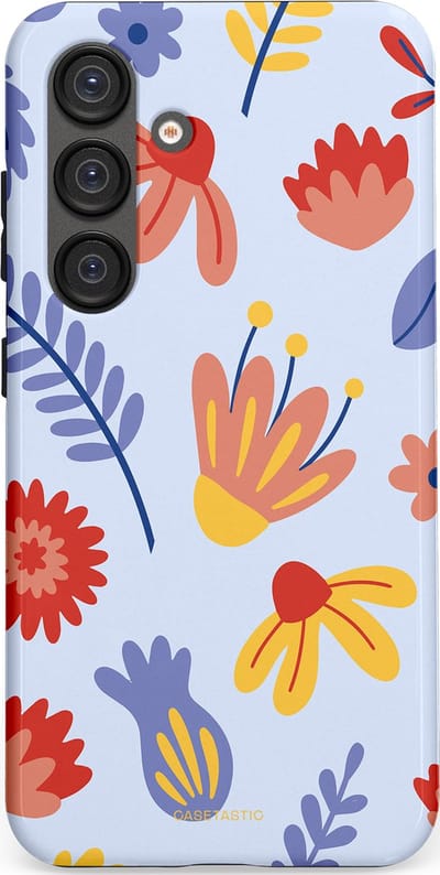 Casetastic hoesje geschikt voor Samsung Galaxy S25 - Dubbellaagse bescherming - Bloemenwind - Fashion Case - Lichtblauw Terracotta Geel