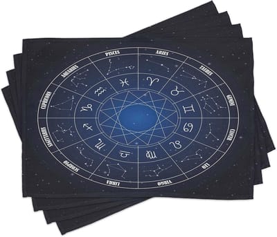 ABAKUHAUS Astrologie Placemats, Dierenriemgegevens in de ruimte, wasbare stoffen eettafel keukentafeldecoratie digitale print, donkerblauw wit