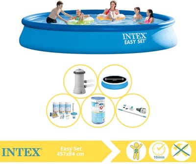 Intex Rond Opblaasbaar Easy Set Zwembad - 457 x 84 cm - Blauw - Inclusief Pomp - Solarzeil - Onderhoudspakket - Filter - Stofzuiger - 6-delig