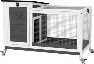 PawHut-Kaninchenstall-Tannenholz, Stahl-92L x 52B x 67H cm-Dunkelgrau