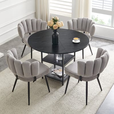 MIVRAY Eethoek 107 cm - Ronde Tafel Met Dubbele Opberglagen En 4 Eetkamerstoelen - Voor Kleine Ruimtes - Zwart Grijs