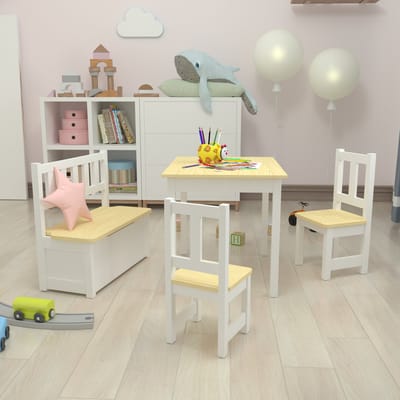 Kindertafel Lousame met 2 stoelen en 1 bank hout en wit