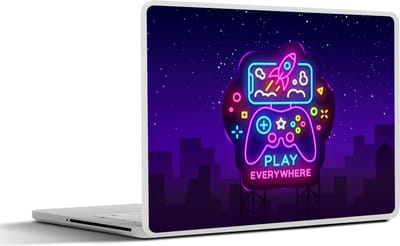 Laptop sticker - 12.3 inch - Gaming - Neon - Play - Blauw - Nacht - Controller - 30x22cm - Laptopstickers - Laptop skin - Cover