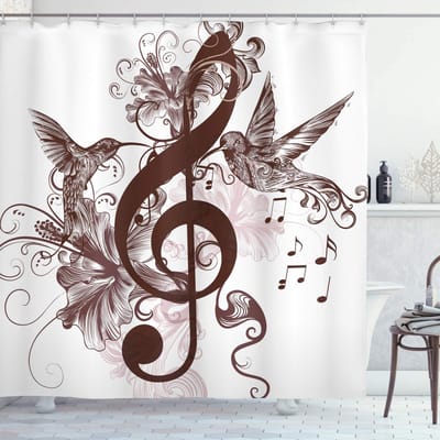 ABAKUHAUS douchegordijn – Bloemenmotief met vogels – 175x240 cm – Kastanjebruin/Wit