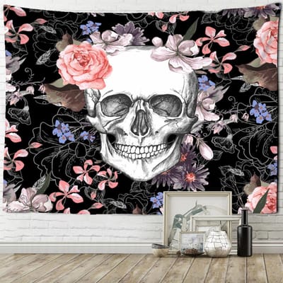 Tapisserie murale psychédélique représentant un crâne, une faucheuse, une sorcière hippie, un fond abstrait, pour un dortoir 95x70cm white