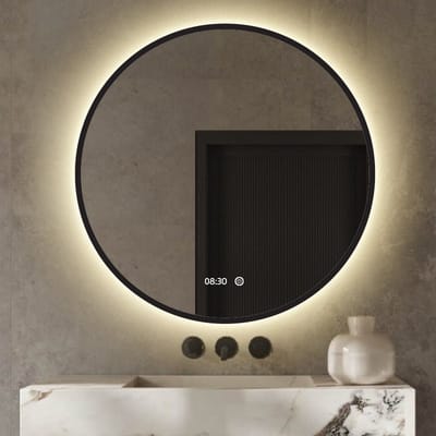 Badkamerspiegel Met Digitale Klok - Rond 60 cm Met Verlichting en Verwarming - Mat Zwart Metalen Rand