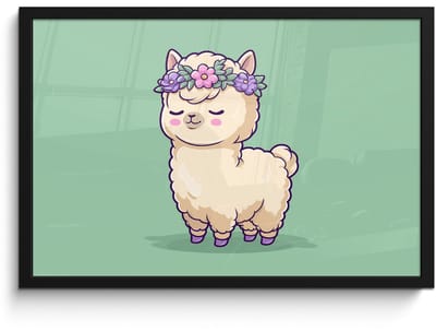 Poster in lijst - Fotolijst 60x40 cm - Posters - Alpaca - Groen - Bloemendiadeem - Posterlijst zwart - Decoratie - Wanddecoratie woonkamer - Muurdecoratie slaapkamer