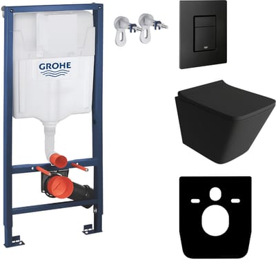 GROHE SOLIDO LAGO BLACK - Inbouwreservoir 50cm - Zwarte EVEN Drukplaat - Mat Zwart Randloos Hangtoilet - Toiletset