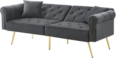 Moderne 2-zits slaapbank – met fluwelen bekleding, 3-standen verstelbare rugleuning & vergulde metalen poten. Stijlvolle sofa met slaapfunctie – ruimtebesparend, draagkrachtig, ideaal voor kleine ruimtes.- grijs