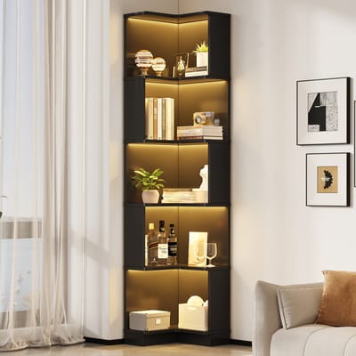 MODENUIT Hoekboekenkast - L-Vorm met Ledverlichting - Voor Woonkamer en Werkkamer - MDF - 63,5x45x175 cm - Zwart