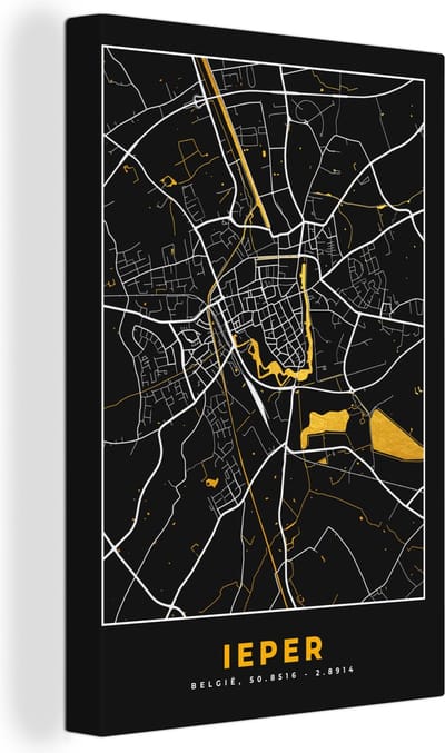 Canvas Schilderij Ieper - Plattegrond - Kaart - Stadskaart - Goud - 20x30 cm - Wanddecoratie
