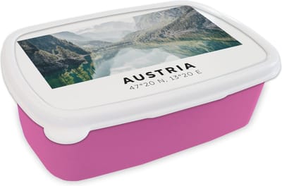 Broodtrommel Roze - Lunchbox - Brooddoos - Oostenrijk - Alpen - Water - Berg - 18x12x6 cm - Kinderen - Meisje