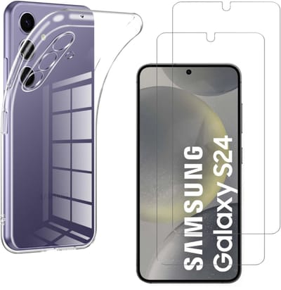 Hoesje Ultraslank geschikt voor Samsung Galaxy S24 backcover siliconen Transparant en 2 stuks Screenprotector Gehard Glas