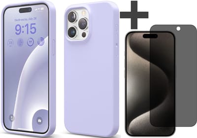 Hoesje met Privacy Screenprotector Geschikt voor iPhone 15 Pro Hoesje Siliconen - liquid case - Arara Backcover - Lila