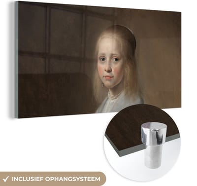 MuchoWow® Glasschilderij 40x20 cm - Schilderij acrylglas - Portret van een meisje in het blauw - Schilderij van Johannes Cornelisz. Verspronck - Foto op glas - Schilderijen