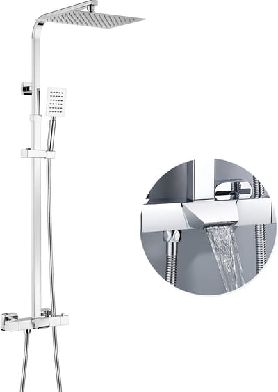 DERW Max Regendouche RVS - Doucheset met Thermostaatkraan - 12 inch Douchekop - Inclusief Neerwaartse Waterval Mengkraan - Waterbesparend - Hoogte Verstelbaar 98-129 cm - Chroom