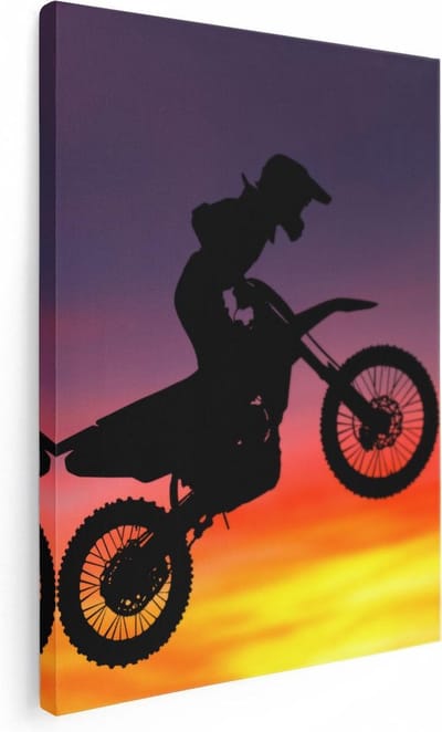 Artaza Canvas Schilderij Motorcross - 30x40 cm - Klein - Muurdecoratie Zon - Wanddecoratie Silhouet - Kamer Accessoires