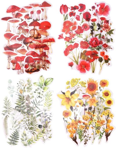 Pack of 160 Flowers Scrapbooking Stickers Transparent Decorative Stickers Vintage Flowers Plants Mushroom Theme - ShopVlot