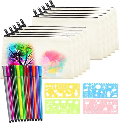 Set van 10 Lege Canvas Etuis voor Schilderen en Creatief Knutselen, Inclusief 12 Kleurpotloden en 4 Sjablonen voor Kinderen en Verjaardagen