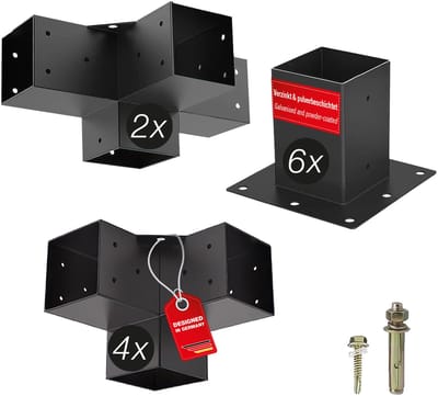 SOTECH bouwset 12-delig (4x hoekverbinders + 2x middenverbinders + 6x grondhulzen) vierkant 90 x 90 mm staal verzinkt en zwart gepoedercoat voor maximale corrosiebescherming