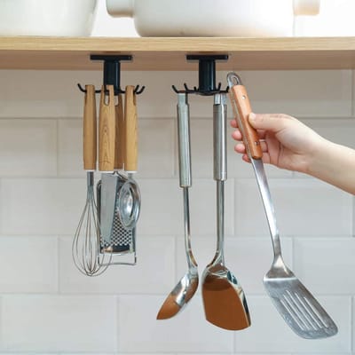 2 Stuks KeukenHaak - Ophangen van Keukengerei - Keukengereedschap - Zelfklevend - 6 Haken - Houder (Zwart)