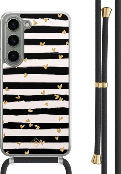 Casimoda® hoesje met zwart koord - Geschikt voor Samsung S23 - Hart Streepjes - Afneembaar koord - TPU/polycarbonaat - Zwart