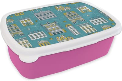 Broodtrommel Roze - Lunchbox - Brooddoos - Herfst - Patronen - Huis - 18x12x6 cm - Kinderen - Meisje