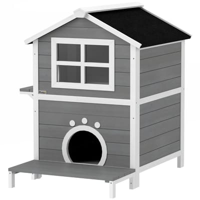 Kattenhuis - Voor buiten - Hok - Kooi - Bench - Ren - 2 verdiepingen - duurzaam - 66B x 66L x 90H cm - Grijs