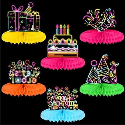 6Pcs Luminous Party Birthday Table Decorations Neon Birthday Embellishments Waben Table Centerpieces for Tables Neon - ShopVlot