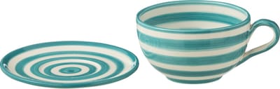 J-Line kopje + schoteltje Granada Stripes - keramiek - wit/aqua