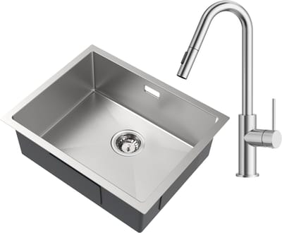 Auralum Max Spoelbak voor keuken 55x44cm - Spoelbak Keuken Met V-Uitloop Keukenkraan - Spoelbakken met sifon en overloopset - Enkele spoelbakken - RVS