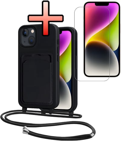Hoes Geschikt voor iPhone 13 Hoesje Pasjeshouder Cover Met Koord Case Siliconen Hoes Met Telefoonkoord en Kaarthouder Met Screenprotector - Zwart