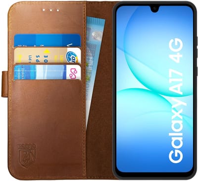 Rosso Deluxe Echt Leer Hoesje Geschikt voor Samsung Galaxy A17 | Ruimte voor drie pasjes | Portemonnee Book Case | Met Pasjeshouder | Bruin