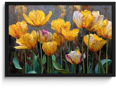 Poster in lijst - Fotolijst 60x40 cm - Posters - Tulpen - Geel - Penseelstreken - Abstract - Posterlijst zwart - Decoratie - Wanddecoratie woonkamer - Muurdecoratie slaapkamer