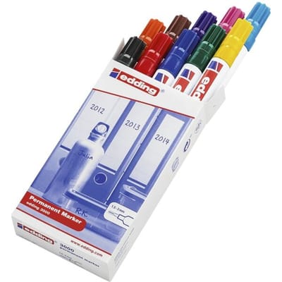 edding 3000 permanent marker - 10 kleuren - 10 stiften - ronde punt 1,5-3 mm - water en wrijfvast - voor karton, kunststof, hout, metaal, etc. - alcohol markers voor volwassenen