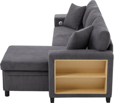 DESMIU Hoekbank 231 x 131,5 x 84 cm - Slaapbank Met Opbergruimte, USB- En Type-C-Laadpoorten - Voor Woonkamer - Corduroy Grijs