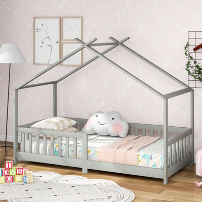 MIVRAY Huisbed Kinderbed 90x200cm - Bedframe Met Veiligheidshek En Lattenbodem - Kinder En Jeugdkamer - Massief Hout - Lichtgrijs - Zonder matras