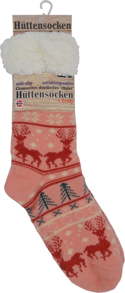 Kerst sokken - Happy Holidays - warme huttensocken mét anti slip - onze size - ROZE MET RENDIER