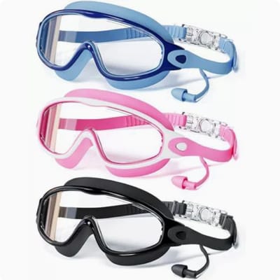 Kinderzwembril - Driedelige kinderzwembril met oordopjes - Anti-condens, UV-bescherming, unisex - Blauw + Roze + Zwart