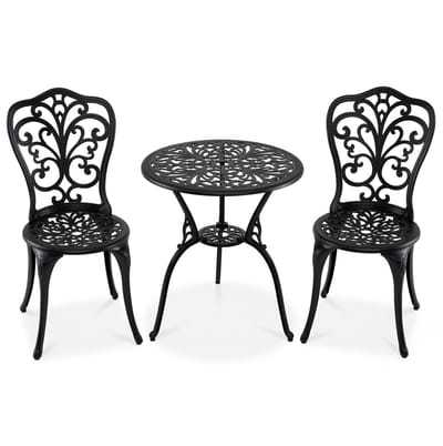 COSTWAY 3-delige bistroset, bistrotafel met 2 stoelen en parasolgat, tuinmeubelset, balkonmeubelen van gegoten aluminium, balkonset, tuinset, zitgroep voor tuin, terras, balkon, zwart