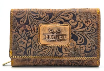 Hunters Portemonnee Bloemen Reliëf - D.Tan medium - (bxhxd) ca. 15,5cm x 10cm x 4cm