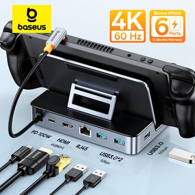 Baseus USB-C dockingstation voor Steam Deck, Nintendo Switch, game-type C naar HDMI 4K@60Hz, RJ45, PD 100W, USB 3.0, 6-in-1 Type-C hub 6-in-1