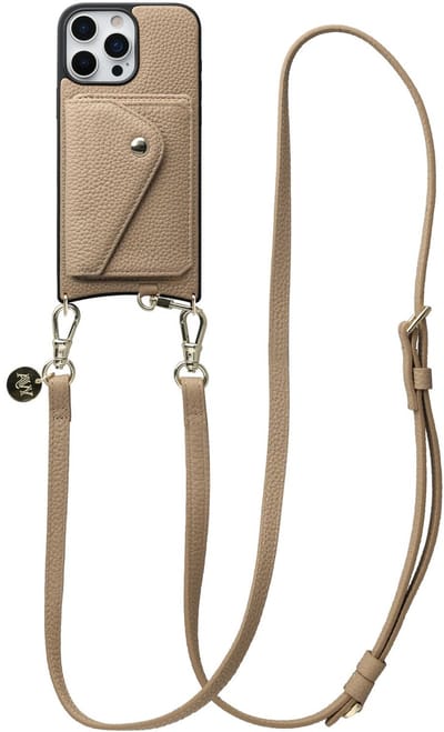 AVY Leren Hoesje geschikt voor Apple iPhone 16 Pro | Met Koord en Magnetische Kaarthouder | Compatibel met MagSafe | Leather Case met 130CM Koord & Wallet | Long Leather | Beige