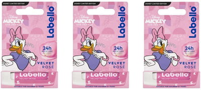 Labello 3 x Velvet Rose Disney Daisy Duck Lippenbalsem – Rozengeur – 24u Verzorging – Zachtroze Finish – 3 stuks