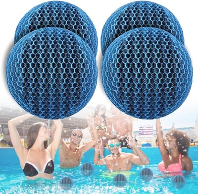 Cyslmuk 4-pack herbruikbare schuimverwijderingsballen voor bubbelbaden, olie-absorberende en wasbare schuimballen voor spa's en zwembaden, bubbelbaden en zwembadaccessoires (4 stuks, blauw)