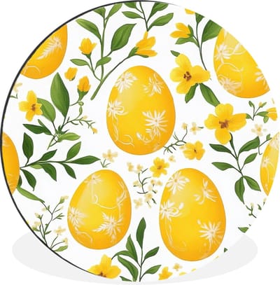 WallCircle - Wandcirkel - Muurcirkel - Bloemen - Paaseieren - Geel - Aluminium - Dibond - 30x30 cm - Binnen en Buiten