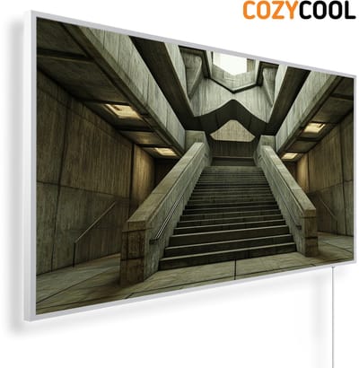 Infraroodpaneel met afbeelding | Futuristisch gebouw met trap | 1200 Watt | Witte lijst | Infrarood verwarmingspaneel | Infrarood paneel | Infrarood verwarming
