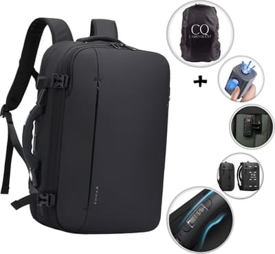 CarryQuest® - BANGE Vacuüm Rugzak 55L - Handbagage Rugzak met Vacuum Compressie - Vacuum Backpack met Ingebouwde Pomp - Laptopvak 17 inch - TSA-slot - USB-C - Waterafstotend - Zwart