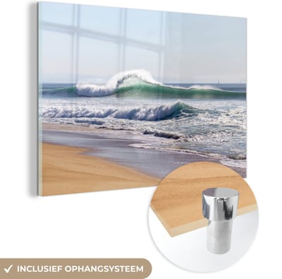 MuchoWow® Glasschilderij 150x100 cm - Schilderij acrylglas - Strand - Golven - Zee - Foto op glas - Muurdecoratie woonkamer - Wanddecoratie slaapkamer - Schilderijen