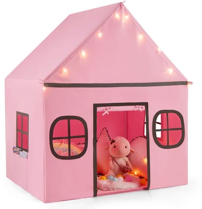 COSTWAY Speelhuis voor kinderen, indoor, kindertent met sterrenlichten en gevoerde mat, speeltent met deurgordijn en ramen, kinderspeelhuis voor jongens en meisjes vanaf 3 jaar (roze + zwart)